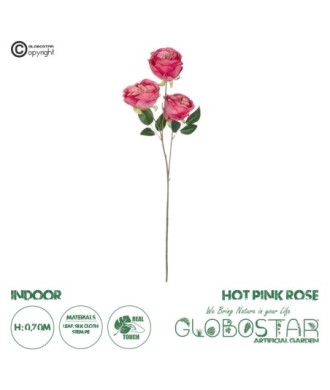GloboStar® Artificial Garden HOT PINK ROSE BRANCH 21139 Τεχνητό Διακοσμητικό Κλαδί έντονο Ροζ Τριαντάφυλλο Y70cm